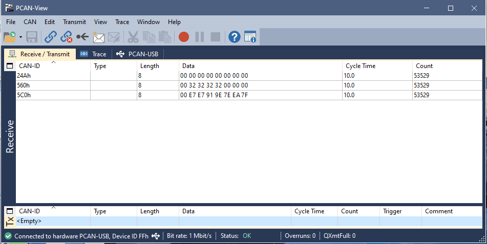 PCAN-View showing typical public CAN 2 messages with IDs 24Ah, 560h and 5C0h