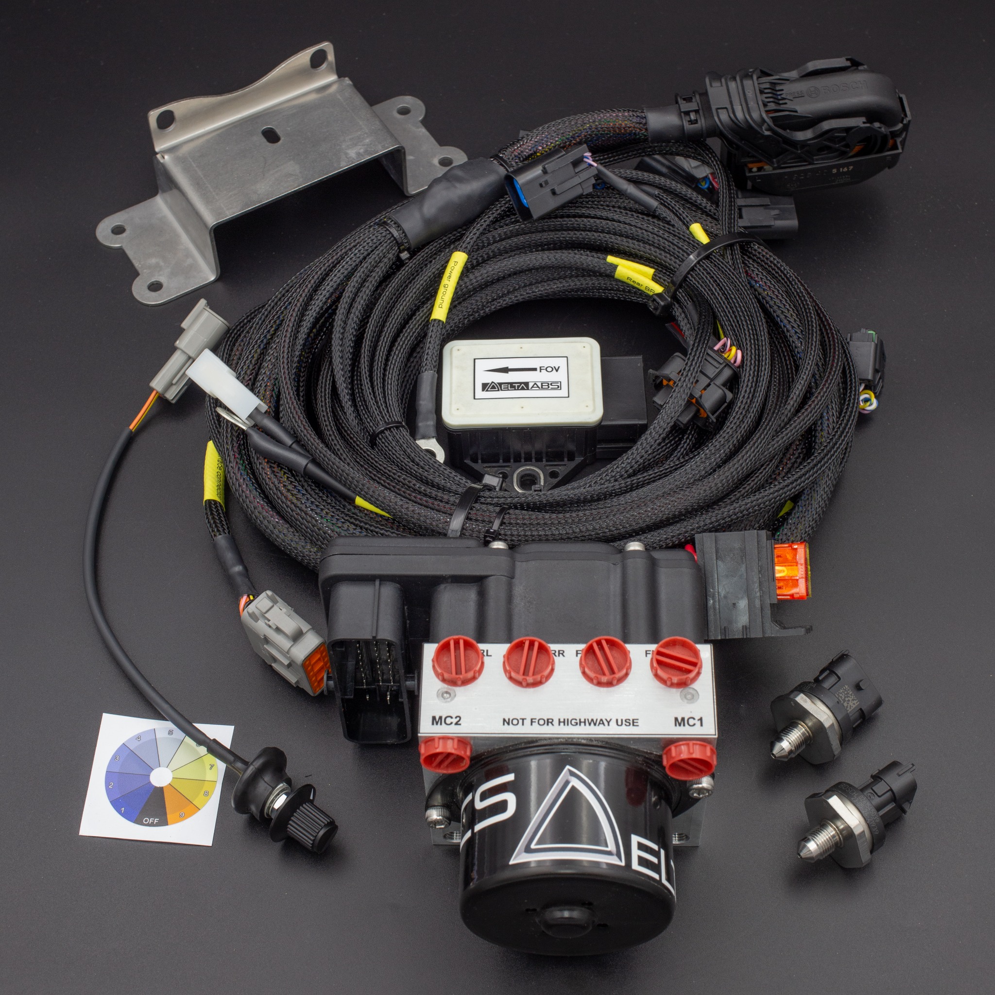 Delta ABS kit: 1 hydraulic control unit; 2 mounting bracket; 3 wiring loom; 4 IMU; 5 slip level switch; 6 both pressure sensors