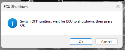 ECU Shutdown message instructing the user to switch off ignition, wait for shutdown and press OK
