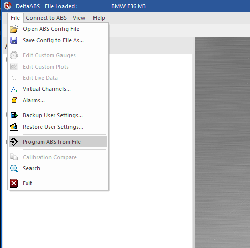 DeltaABS File menu with Program ABS from File highlighted