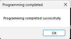 Programming completed dialog showing Programming completed successfully and an OK button