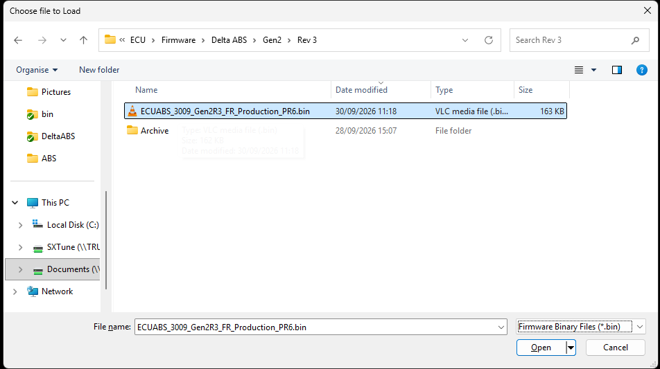 File dialog showing a selected ABS firmware binary file and the Open button