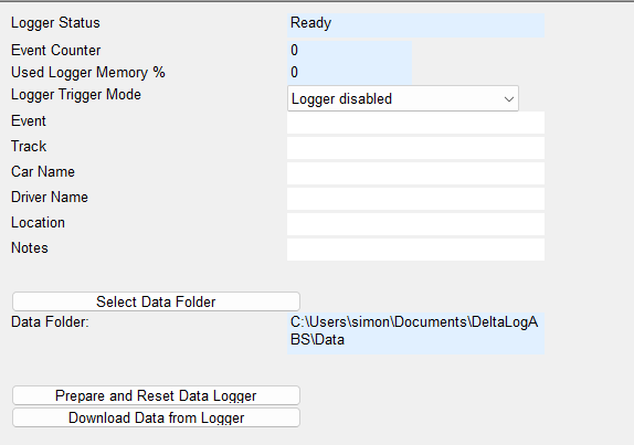 Logger setup page showing status, event counter, memory usage, trigger mode, optional log information and data folder selection