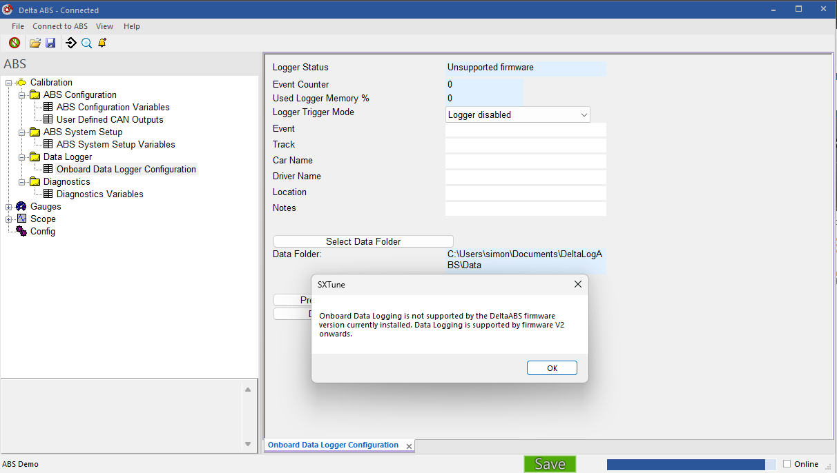 Onboard Data Logger Configuration showing Unsupported firmware and the firmware version 2 requirement message