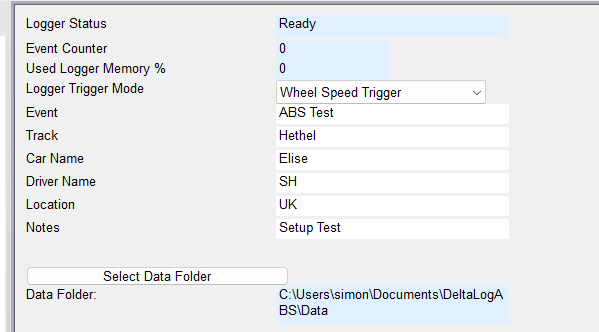 Example logger configuration with Wheel Speed Trigger selected and optional event, track, car, driver, location and notes completed