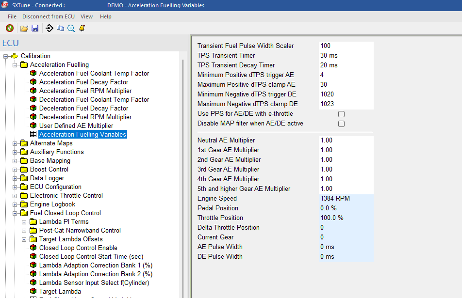 Acceleration Fuelling Variables in the SXTune interface.