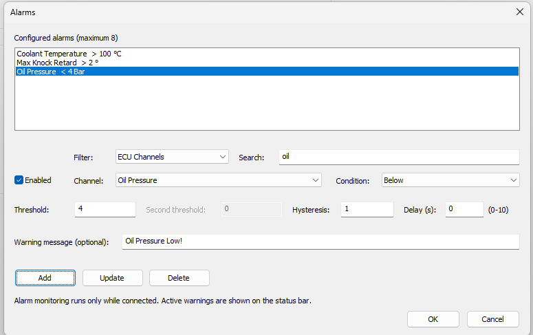 Alarm Configuration dialog in the SXTune interface.