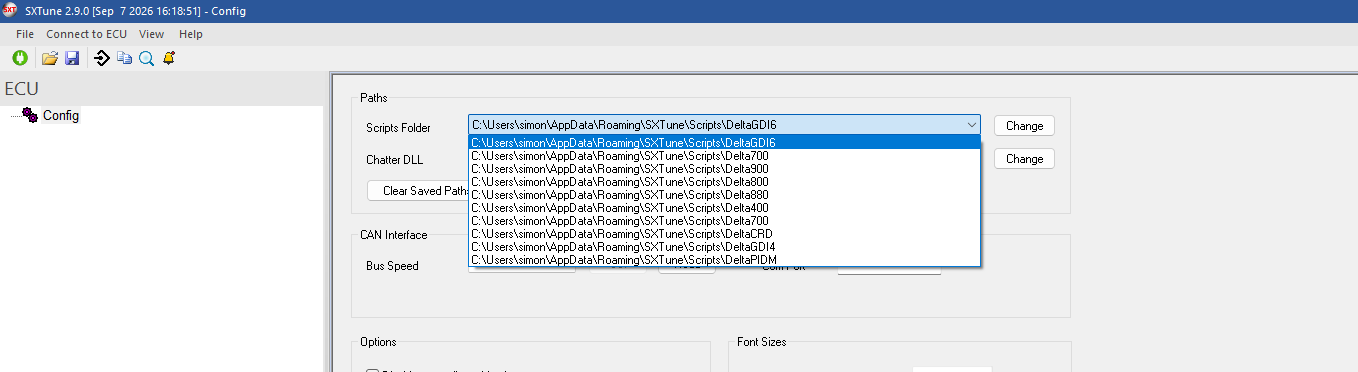 ECU / Scripts Folder selection.
