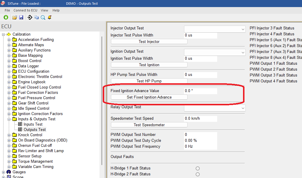 Outputs Test showing Fixed Ignition Advance Value and Set Fixed Ignition Advance.