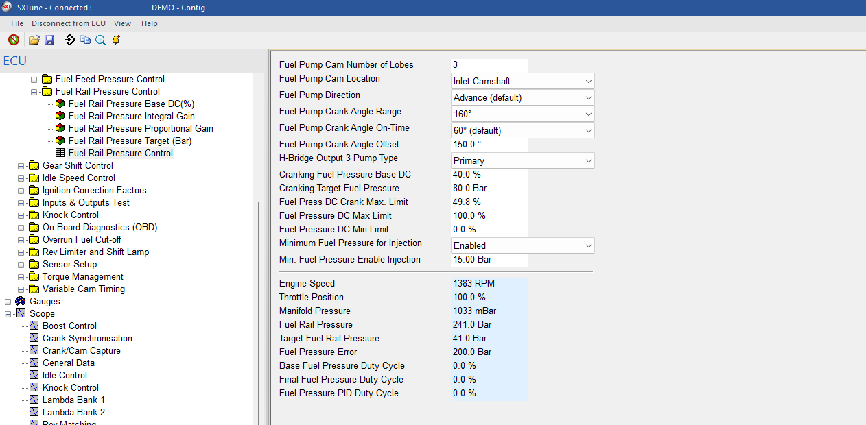Fuel Rail Pressure Control variables and live status.
