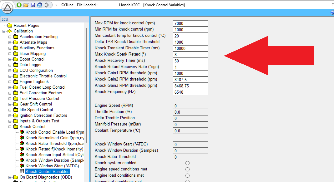 Knock Control Variables page used for the initial control limits and hardware gain settings.