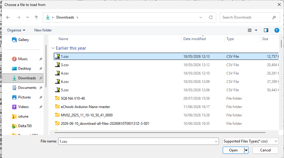 Loading a saved CSV/logger recording for replay.